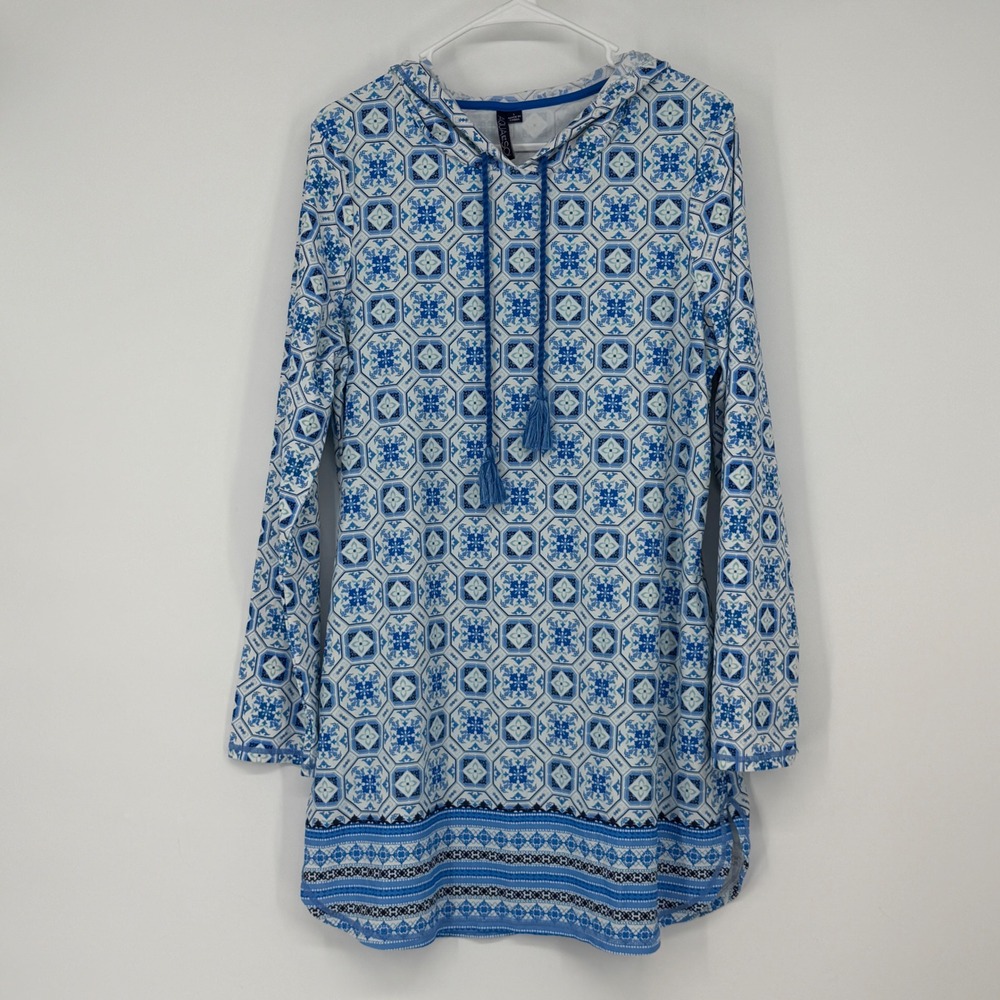 Aqua et Sol Womens Blue White Geometric Tile Print Hooded‎ Tunic Coverup Large